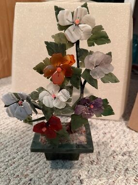Vintage Chinese Carved Stone and  Jade Bonsai Tree Sculpture.